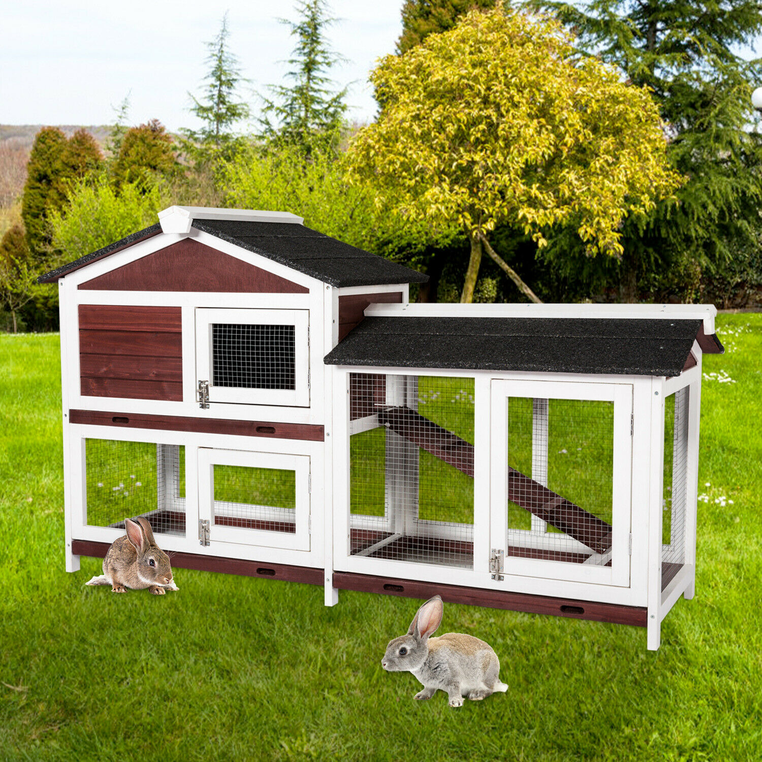 Large Wooden Rabbit Hutch Chicken Coop House Bunny Hen Pet Backyard Run ...